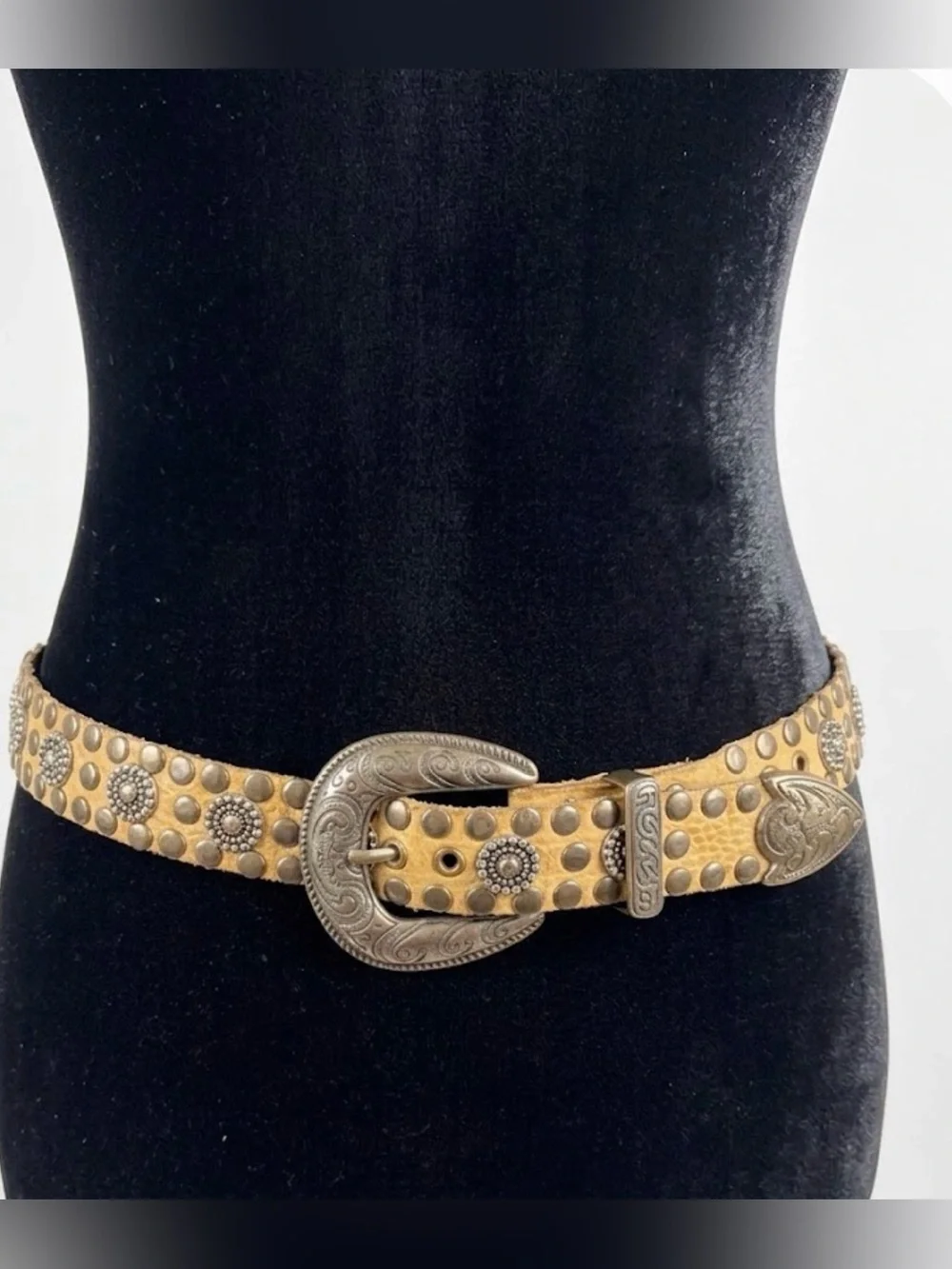 Western Studded Leather Belt with Decorative Silver Buckle - Tan